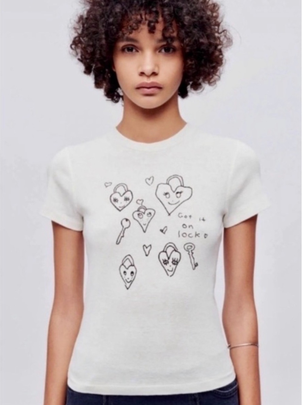 Re/Done White Graphic Short Sleeve Tee with Lock & Heart Sketches
